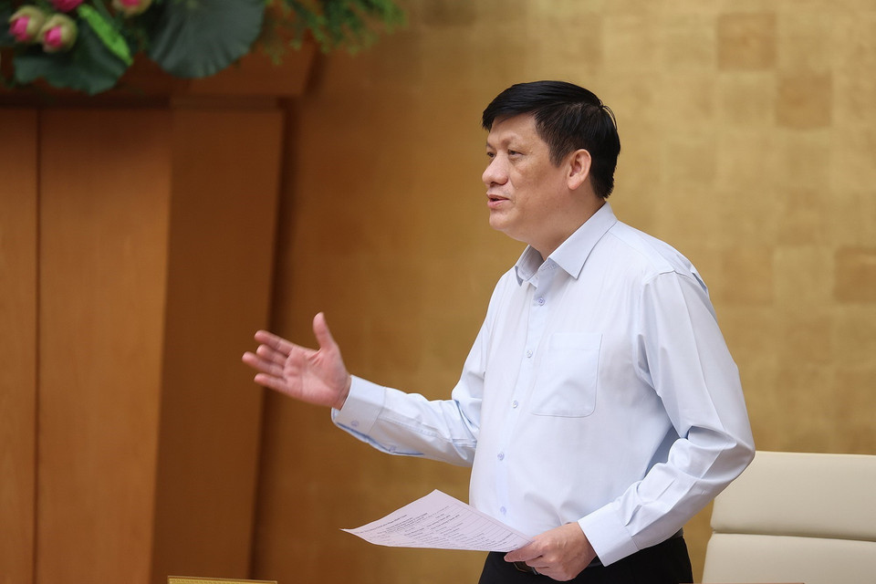  Bộ trưởng Bộ tế Nguyễn Thanh Long báo cáo tình hình dịch COVID-19. (Ảnh: Dương Giang/TTXVN)