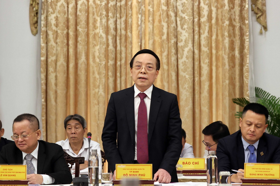 Ông Đỗ Minh Phú, Chủ tịch HĐQT TP Bank phát biểu. (Ảnh: Thống Nhất/TTXVN)