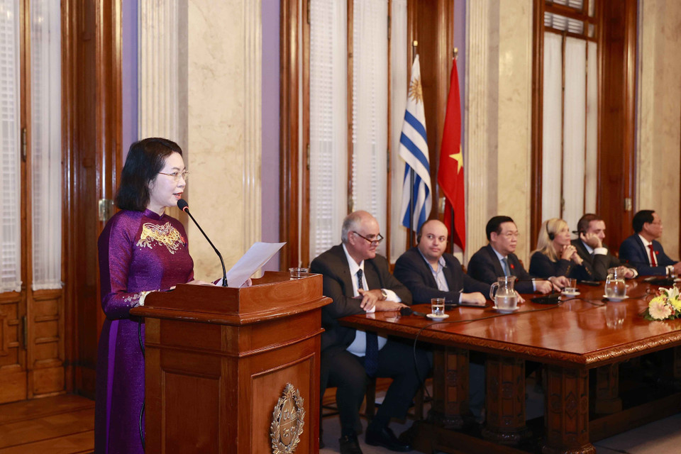 Bà Mai Thị Phương Hoa, Phó chủ nhiệm Ủy ban Tư pháp, Nhóm Nghị sỹ hữu nghị Việt Nam-Đông Uruguay phát biểu. (Ảnh: Doãn Tấn/TTXVN)