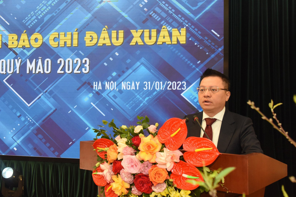 Ông Lê Quốc Minh, Phó Trưởng Ban Tuyên giáo Trung ương, Tổng Biên tập Báo Nhân Dân, Chủ tịch Hội Nhà báo Việt Nam phát biểu. (Ảnh: TTXVN)