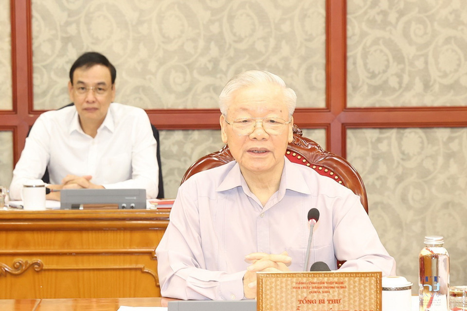 Tổng Bí thư Nguyễn Phú Trọng phát biểu kết luận cuộc họp. (Ảnh: Trí Dũng/TTXVN)