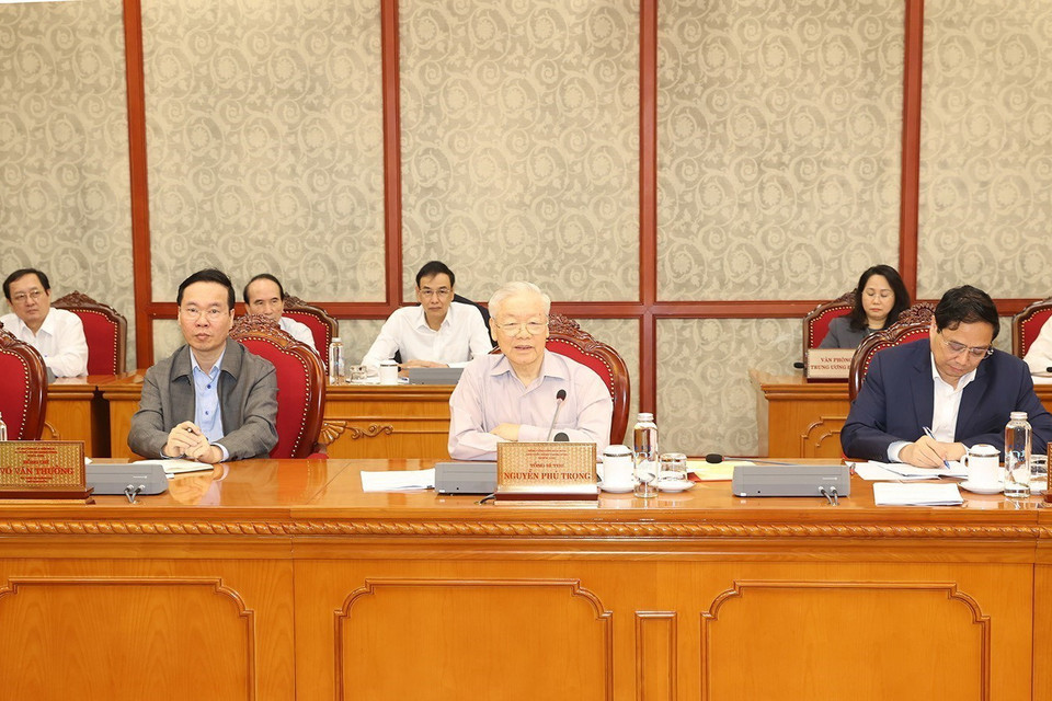 Tổng Bí thư Nguyễn Phú Trọng phát biểu kết luận cuộc họp. (Ảnh: Trí Dũng/TTXVN)