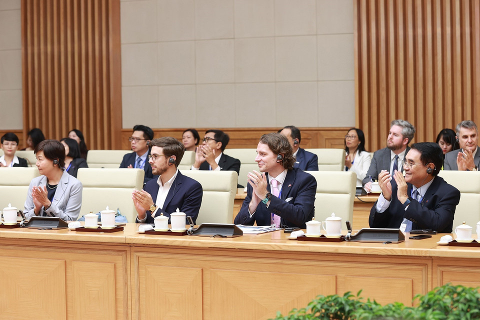 Đại diện Hội đồng kinh doanh EU-ASEAN và Hiệp hội Doanh nghiệp châu Âu tại Việt Nam dự buổi tiếp. (Ảnh: Dương Giang/TTXVN)