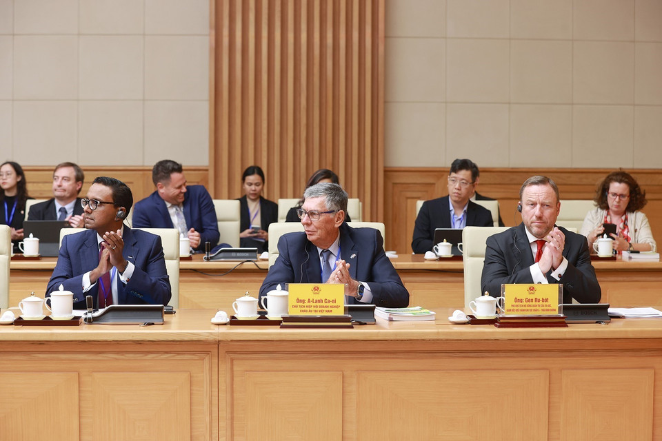 Đại diện Hội đồng kinh doanh EU-ASEAN và Hiệp hội Doanh nghiệp châu Âu tại Việt Nam dự buổi tiếp. (Ảnh: Dương Giang/TTXVN)