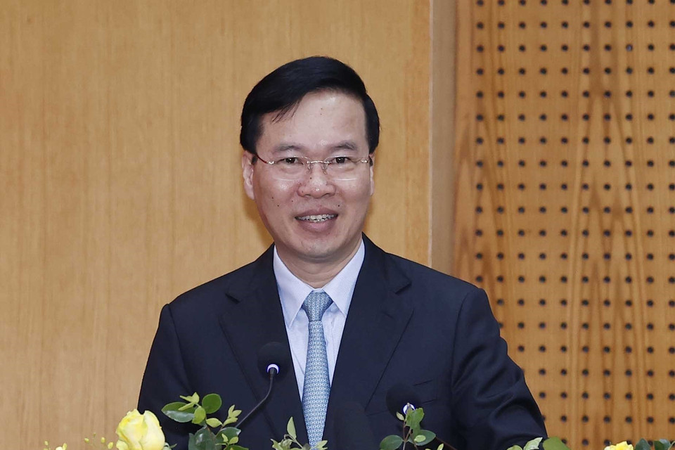 Chủ tịch nước Võ Văn Thưởng phát biểu tại cuộc gặp gỡ lãnh đạo và cán bộ, chiến sỹ Cục Gìn giữ hòa bình Việt Nam. (Ảnh: Thống Nhất/TTXVN)