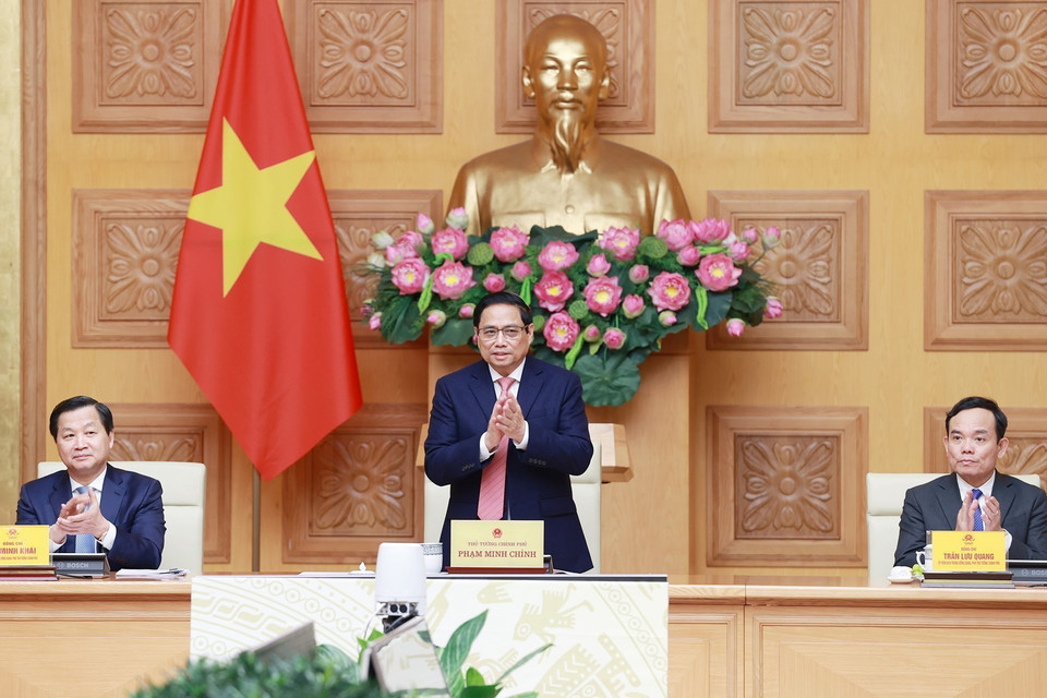 Thủ tướng Chính phủ Phạm Minh Chính tiếp đoàn Trưởng cơ quan đại diện của Việt Nam tại nước ngoài. (Ảnh: Dương Giang/TTXVN)