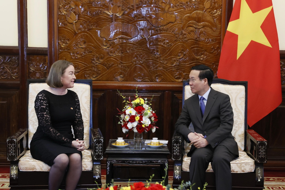 Chủ tịch nước Võ Văn Thưởng tiếp Đại sứ Cộng hòa Ireland Deirdre Ni Fhalluin. (Ảnh: Thống Nhất/TTXVN)