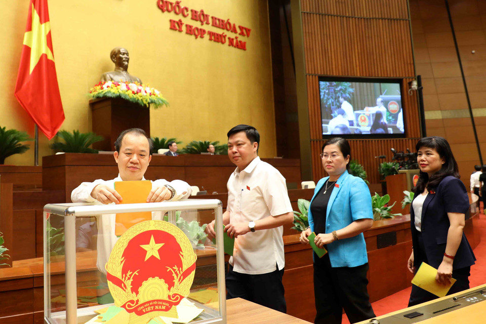Đại biểu Quốc hội bỏ phiếu bầu chức vụ Ủy viên Ủy ban Thường vụ Quốc hội, Chủ nhiệm Ủy ban Tài chính-Ngân sách của Quốc hội và phê chuẩn bổ nhiệm Bộ trưởng Bộ Tài nguyên và Môi trường nhiệm kỳ 2021-2026. (Ảnh: An Đăng/TTXVN)