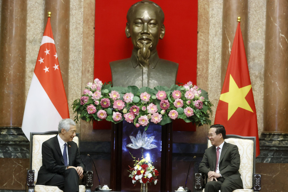 Chủ tịch nước Võ Văn Thưởng tiếp Thủ tướng Singapore Lý Hiển Long. (Ảnh: Thống Nhất/TTXVN)