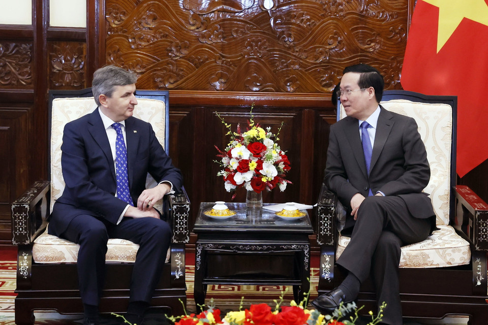 Chủ tịch nước Võ Văn Thưởng tiếp Đại sứ Cộng hòa Litva Darius Gaidys. (Ảnh: Thống Nhất/TTXVN)