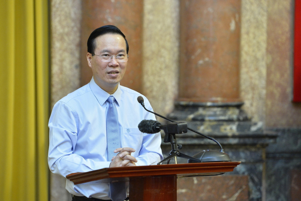 Chủ tịch nước Võ Văn Thưởng phát biểu chỉ đạo tại buổi gặp mặt. (Ảnh: Minh Đức/TTXVN)