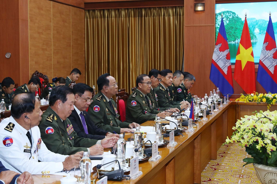 Đại tướng Tea Banh, Phó Thủ tướng, Bộ trưởng Quốc phòng Vương quốc Campuchia tại buổi hội đàm. (Ảnh: Trọng Đức/TTXVN)