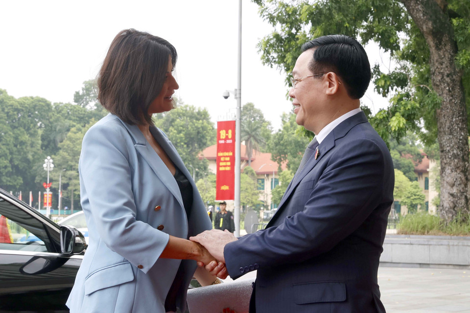 Chủ tịch Quốc hội Vương Đình Huệ đón Chủ tịch Thượng viện Vương quốc Bỉ Stéphanie D'Hose. (Ảnh: Doãn Tấn/TTXVN)