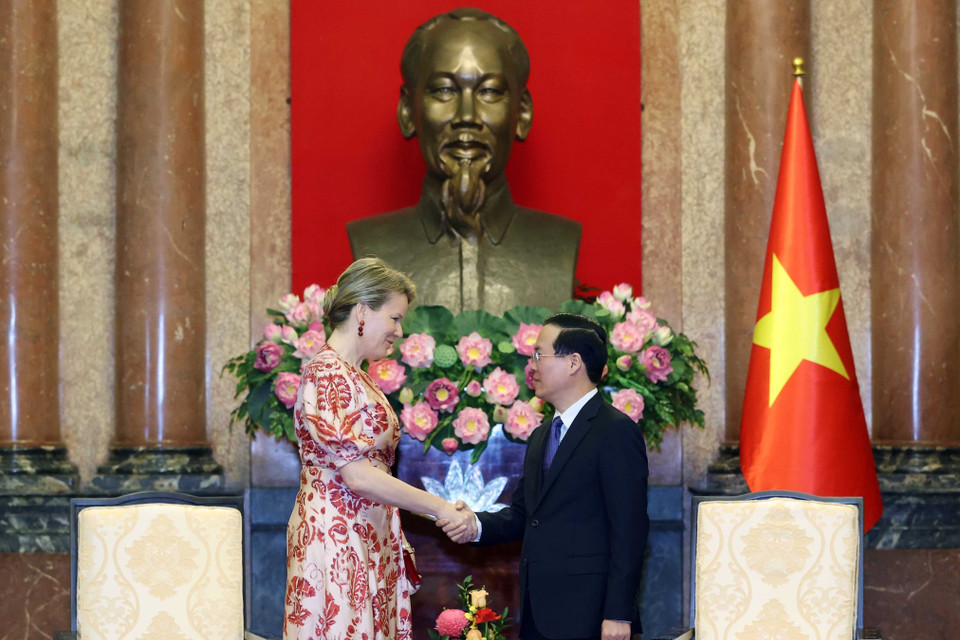 Chủ tịch nước Võ Văn Thưởng tiếp Hoàng hậu Vương quốc Bỉ Mathilde, Chủ tịch Danh dự UNICEF Bỉ. (Ảnh: Thống Nhất/TTXVN)