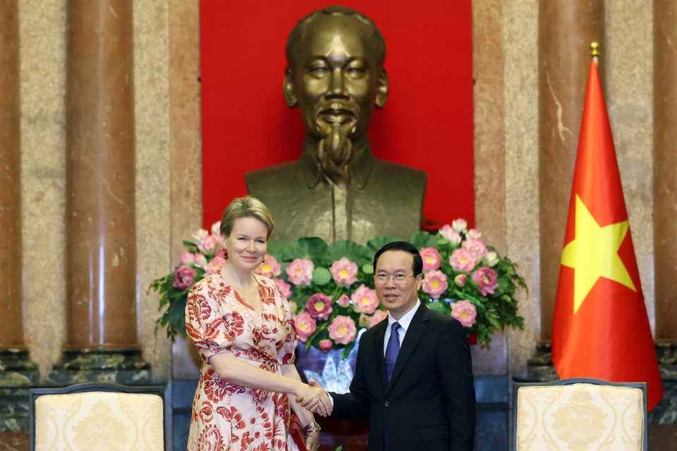 Chủ tịch nước Võ Văn Thưởng tiếp Hoàng hậu Vương quốc Bỉ Mathilde, Chủ tịch Danh dự Quỹ Nhi đồng Liên Hợp Quốc (UNICEF) Bỉ. (Ảnh: Thống Nhất/TTXVN)