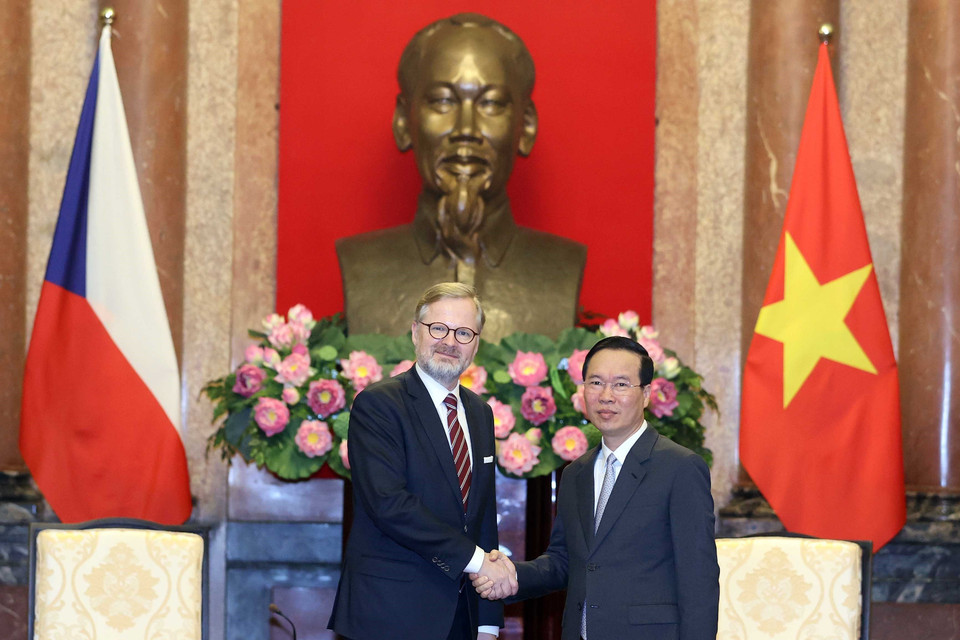  Chiều 21/4, tại Phủ Chủ tịch, Chủ tịch nước Võ Văn Thưởng tiếp Thủ tướng Cộng hòa Séc Petr Fiala đang thăm chính thức Việt Nam. (Ảnh: Thống Nhất/TTXVN)