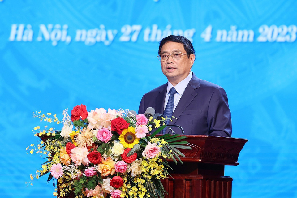 Thủ tướng Phạm Minh Chính phát biểu tại Lễ phát động Tháng công nhân năm 2023. (Ảnh: Dương Giang/TTXVN)