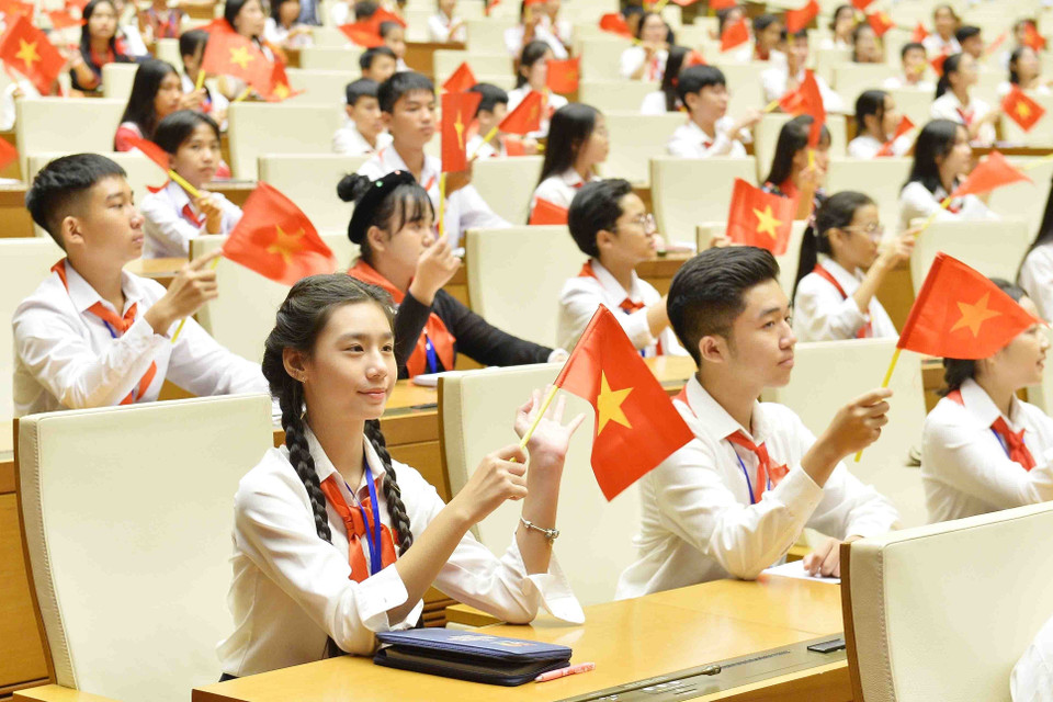 Các đại biểu dự Phiên họp giả định Quốc hội Trẻ em lần thứ nhất năm 2023. (Ảnh: Minh Đức/TTXVN)