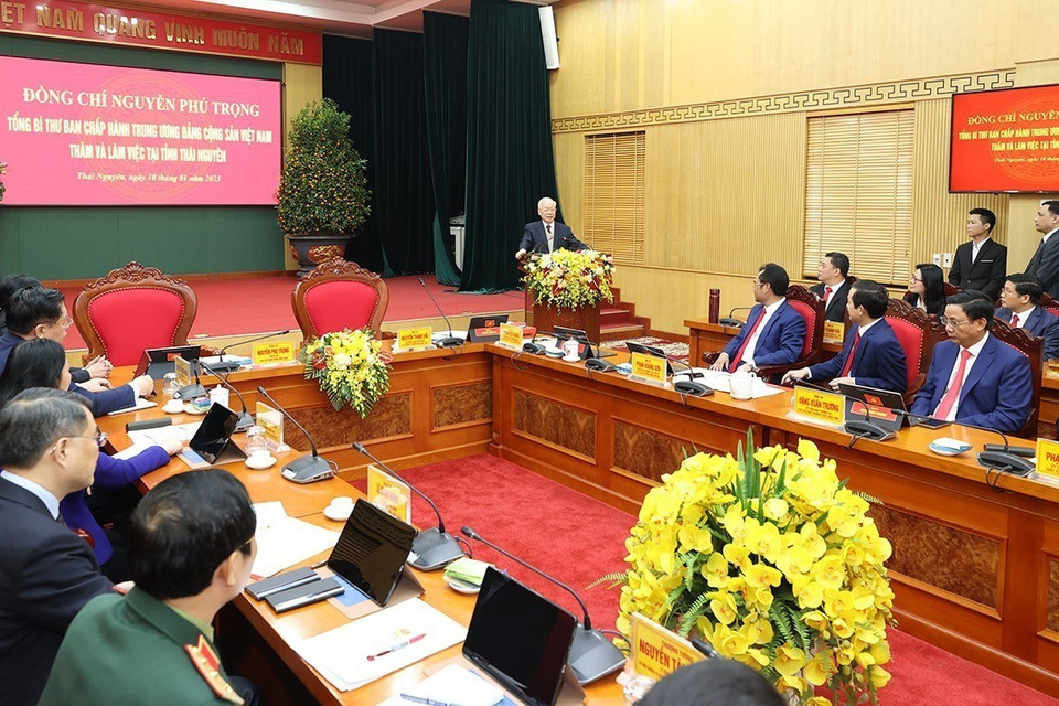 Tổng Bí thư Nguyễn Phú Trọng phát biểu tại buổi làm việc với Ban Thường vụ và lãnh đạo tỉnh Thái Nguyên. (Ảnh: Trí Dũng/TTXVN)