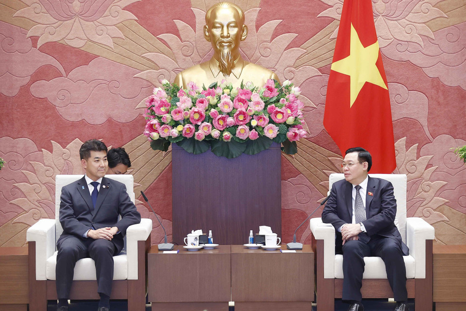 Chủ tịch Quốc hội Vương Đình Huệ tiếp Chủ tịch Đảng Dân chủ Lập hiến Nhật Bản Izumi Kenta. (Ảnh: Doãn Tấn/TTXVN)