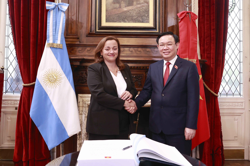 Chủ tịch Quốc hội Vương Đình Huệ và Chủ tịch Hạ viện Cộng hòa Argentina Cecilia Moreau chụp ảnh chung trước khi tiến hành hội đàm. (Ảnh: Doãn Tấn/TTXVN)