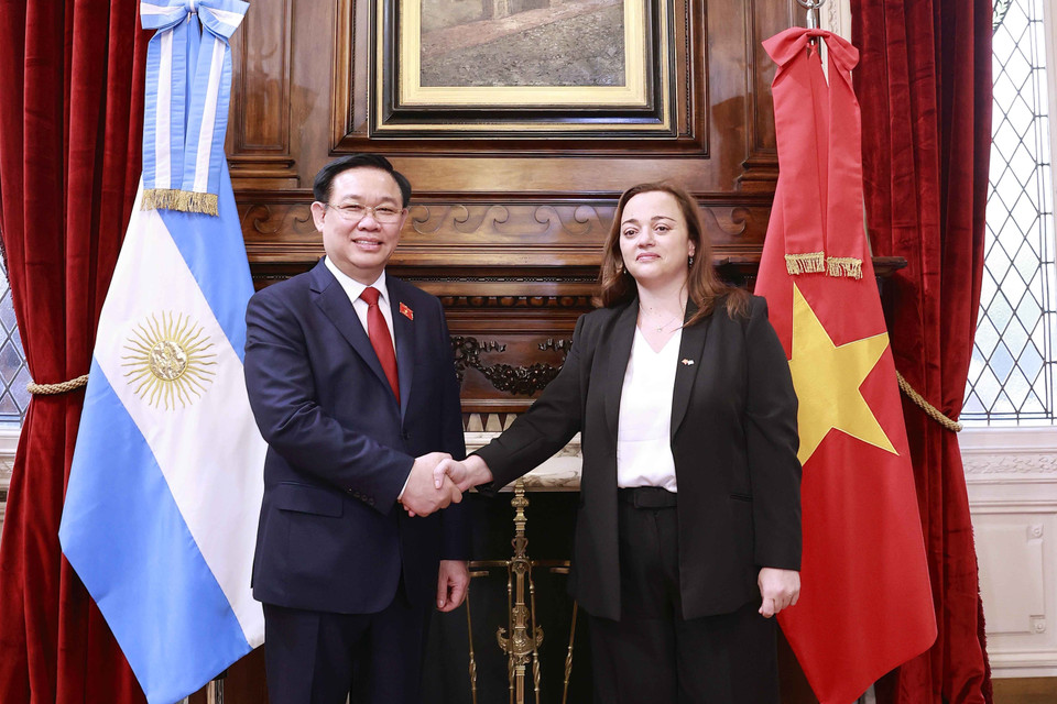 Chủ tịch Quốc hội Vương Đình Huệ và Chủ tịch Hạ viện Cộng hòa Argentina Cecilia Moreau. (Ảnh: Doãn Tấn/TTXVN)