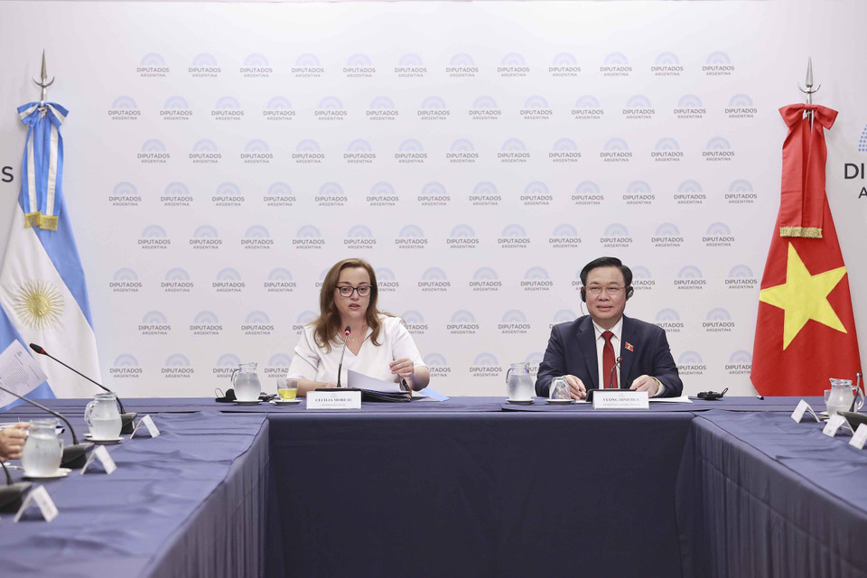 Chủ tịch Hạ viện Cộng hòa Argentina Cecilia Moreau phát biểu tại hội đàm. (Ảnh: Doãn Tấn/TTXVN)