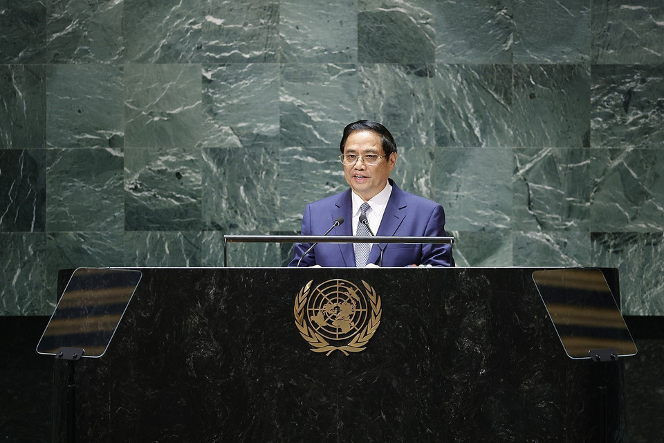 Thủ tướng Phạm Minh Chính phát biểu tại Phiên thảo luận chung cấp cao Khóa 78 Đại hội đồng Liên hợp quốc. (Ảnh: Dương Giang/TTXVN)