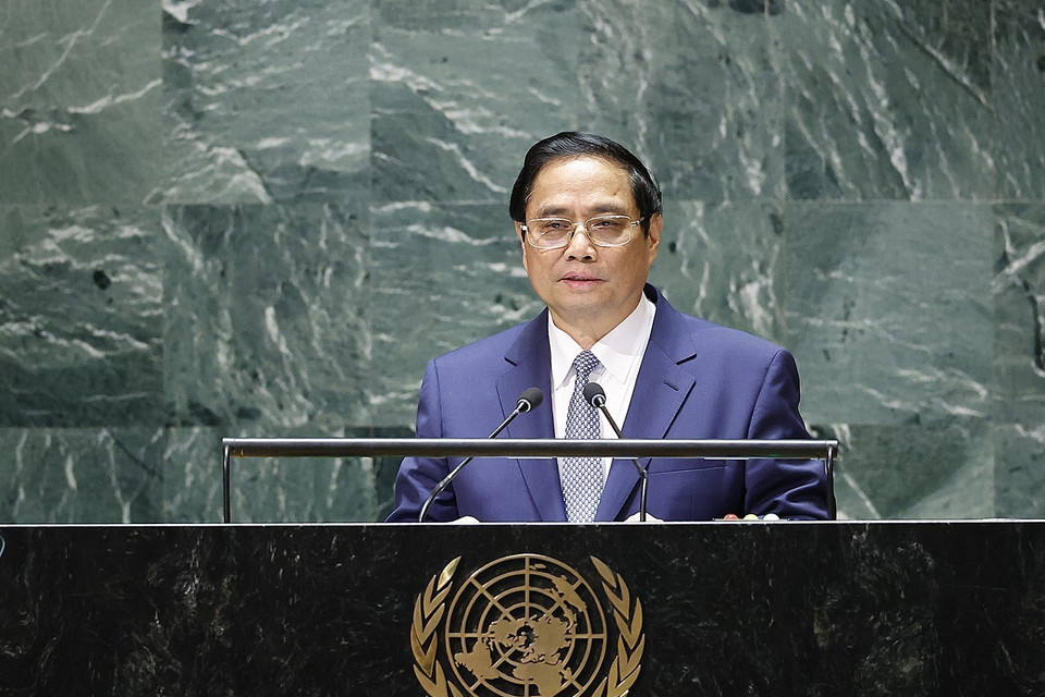 Thủ tướng Phạm Minh Chính phát biểu tại Phiên thảo luận chung cấp cao Khóa 78 Đại Hội đồng Liên hợp quốc. (Ảnh: Dương Giang/TTXVN)