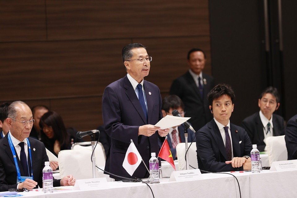 Ông Ishiguro Norihiko, Chủ tịch Tổ chức Xúc tiến Thương mại Nhật Bản (JETRO) phát biểu. (Ảnh: Dương Giang/TTXVN)