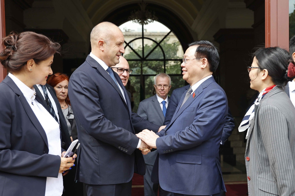 Chủ tịch Quốc hội Vương Đình Huệ trao đổi với Tổng thống Bulgaria Rumen Radev. (Ảnh: Doãn Tấn/TTXVN)