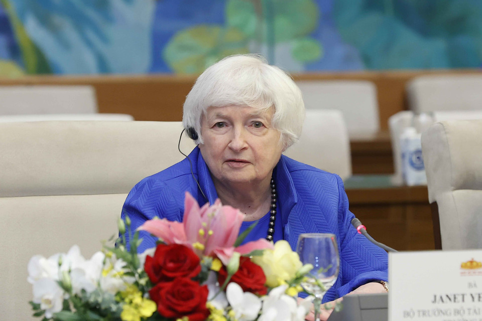 Bộ trưởng Bộ Tài chính Hoa Kỳ Janet Yellen phát biểu. (Ảnh: Doãn Tấn/TTXVN)