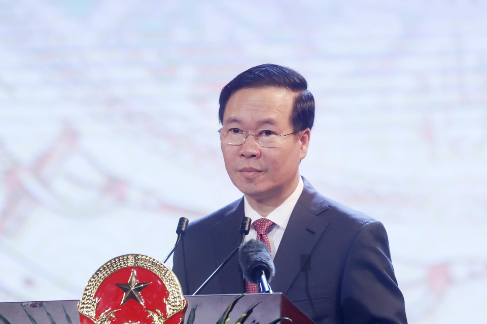 Chủ tịch nước Võ Văn Thưởng đọc diễn văn. (Ảnh: Thống Nhất/TTXVN)