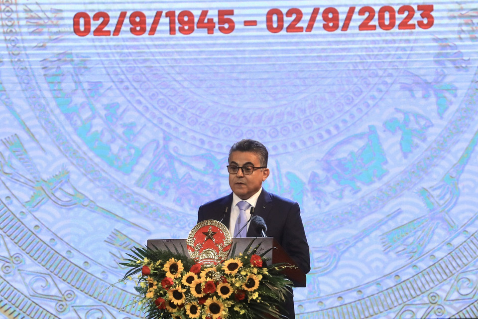 Ngài Saadi Salama, Đại sứ Palestine tại Việt Nam, Trưởng đoàn Ngoại giao phát biểu. (Ảnh: Lâm Khánh/TTXVN)