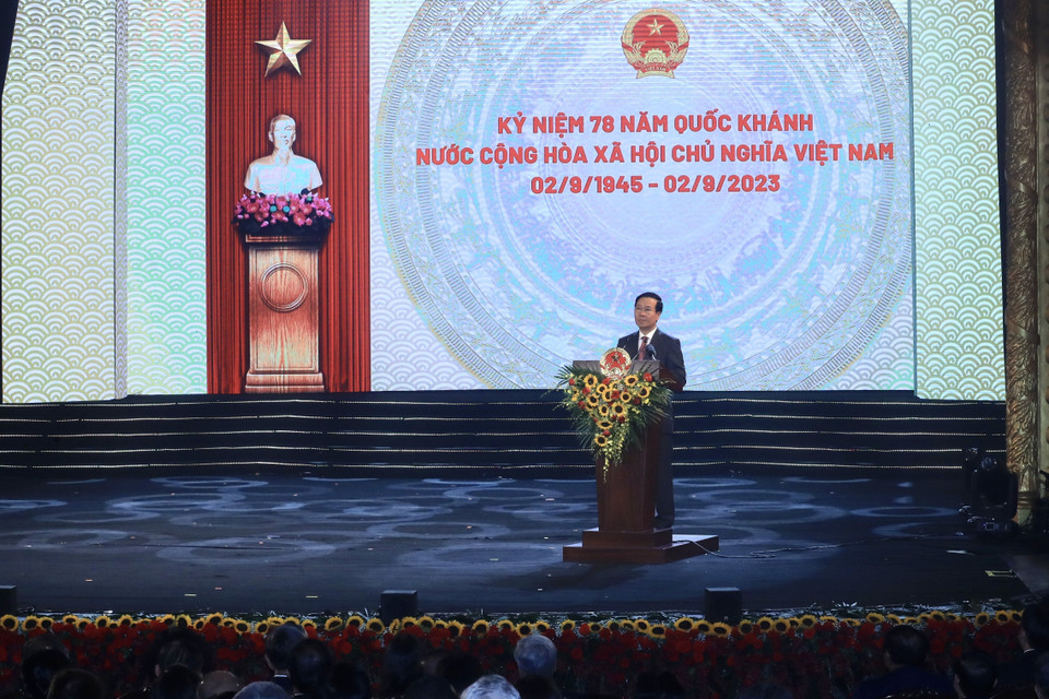 Chủ tịch nước Võ Văn Thưởng đọc diễn văn tại Chương trình Kỷ niệm 78 năm ngày Quốc khánh nước Cộng hòa Xã hội Chủ nghĩa Việt Nam. (Ảnh: Lâm Khánh/TTXVN)