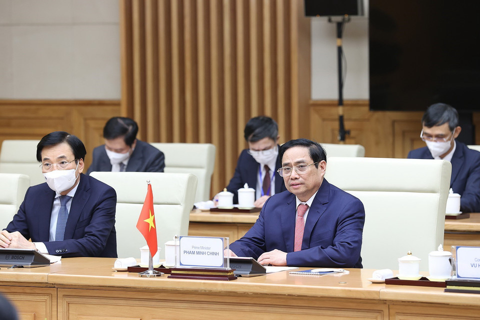 Thủ tướng Phạm Minh Chính phát biểu tại buổi hội kiến Chủ tịch Quốc hội Lào Xaysomphone Phomvihane. (Ảnh: Dương Giang/TTXVN)