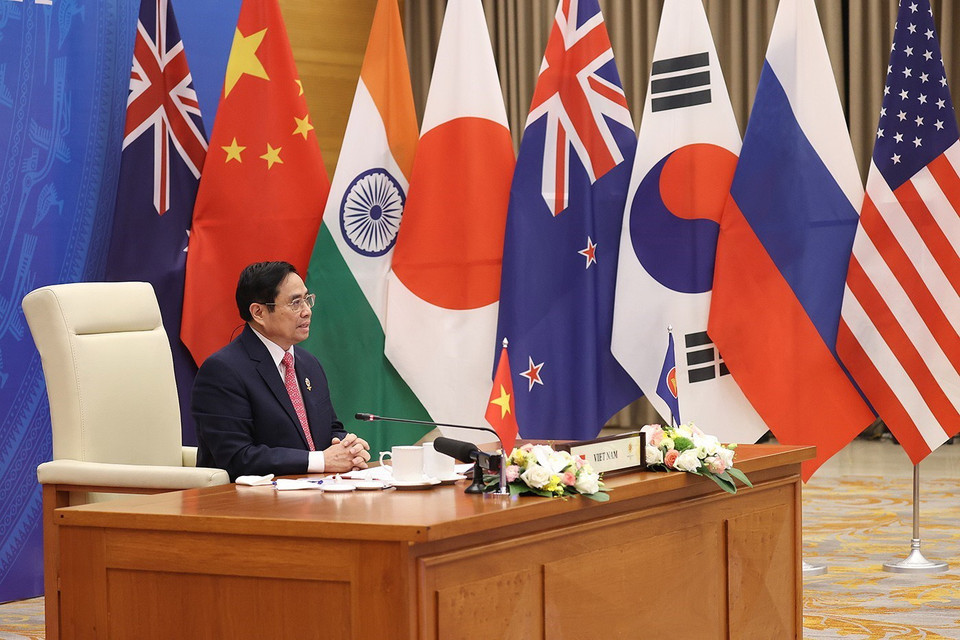 Thủ tướng Phạm Minh Chính phát biểu Hội nghị cấp cao Đông Á lần thứ 16. (Ảnh: Dương Giang/TTXVN)