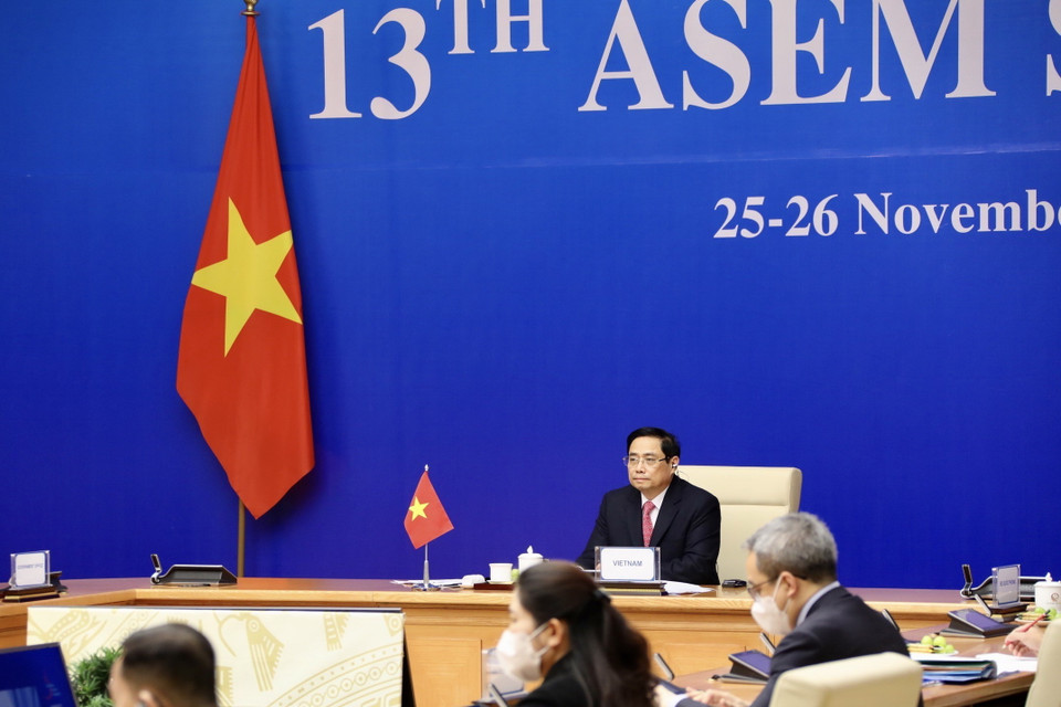 Thủ tướng Chính phủ Phạm Minh Chính dự và phát biểu tại Hội nghị Cấp cao Á-Âu (ASEM) lần thứ 13 do Campuchia tổ chức dưới hình thức trực tuyến. (Ảnh: Lâm Khánh/TTXVN)