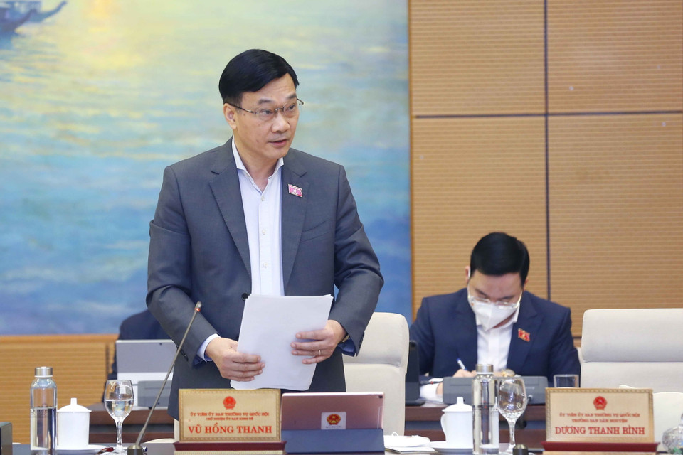 Chủ nhiệm Ủy ban Kinh tế của Quốc hội Vũ Hồng Thanh trình bày báo cáo thẩm tra. (Ảnh: Doãn Tấn/TTXVN)