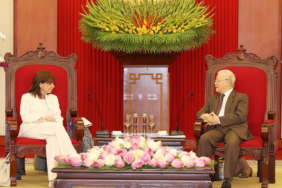 Tổng Bí thư Nguyễn Phú Trọng tiếp Tổng thống Hy Lạp Katerina Sakellaropoulou thăm chính thức Việt Nam. (Ảnh: Trí Dũng/TTXVN)