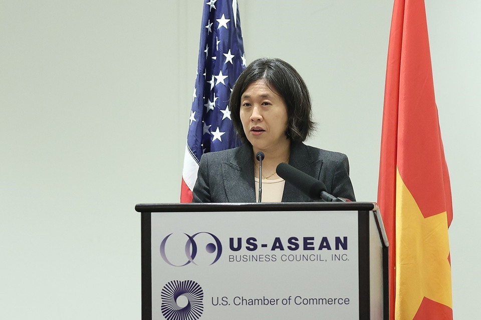 Bà Katherine Tai, Trưởng Đại diện Thương mại Hoa Kỳ (USTR) phất biểu. (Ảnh: Dương Giang/TTXVN)