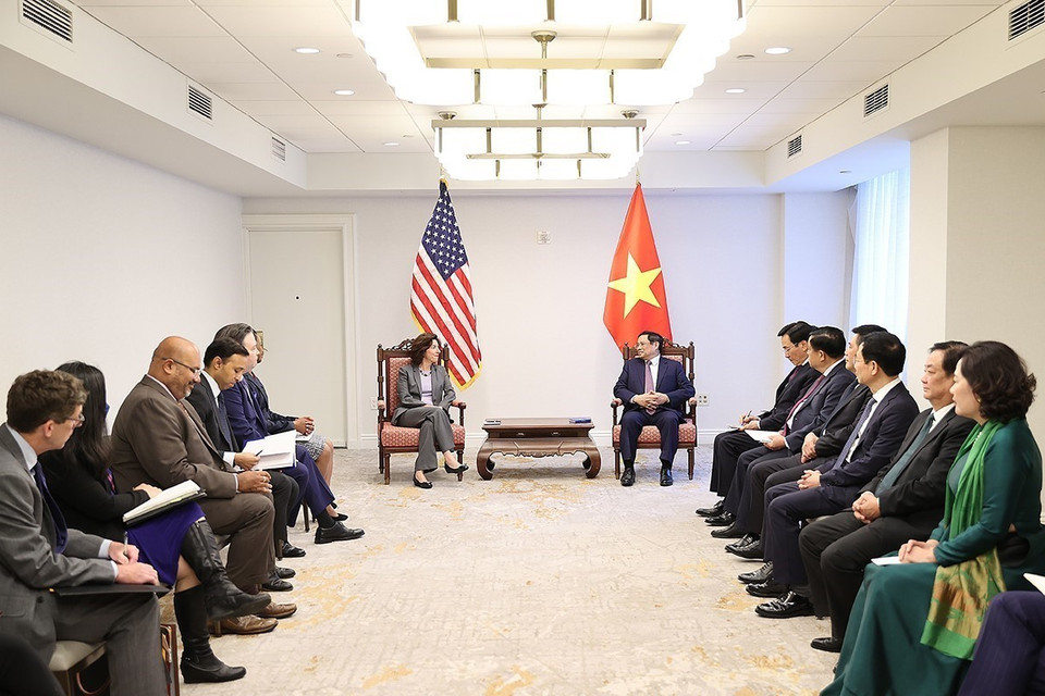 Cuộc gặp diễn ra nhân chuyến tham dự Hội nghị Cấp cao đặc biệt ASEAN-Hoa Kỳ của Thủ tướng Phạm Minh Chính. (Ảnh: Dương Giang/TTXVN)