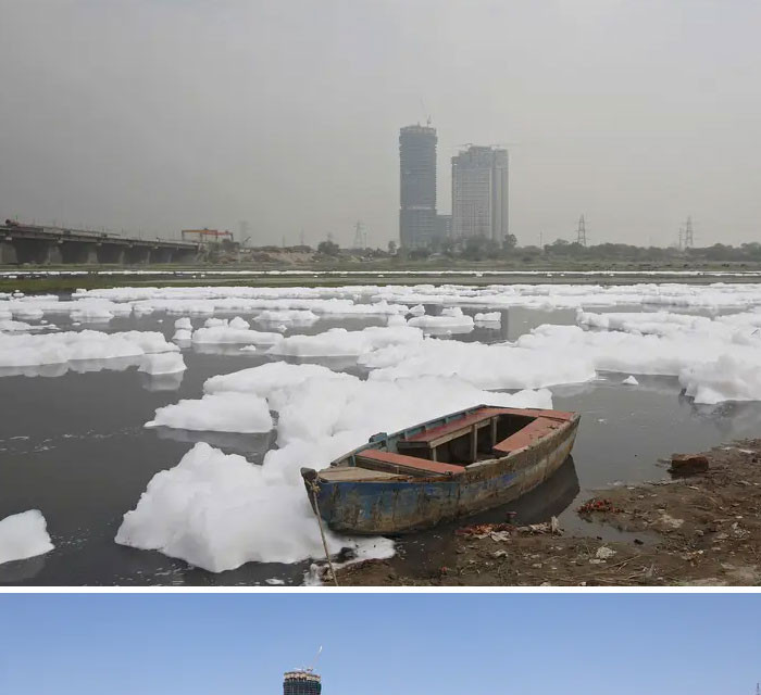 Năm ngoái, một lần nữa, Ấn Độ lại đứng đầu danh sách những địa điểm ô nhiễm nhất thế giới, với 14 trong số 20 thành phố có chất lượng không khí ở mức nguy hiểm. Nhưng năm nay, sau một thời gian dài thực hiện hạn chế xã hội, sông Yamuna ở New Delhi, Ấn Độ, trong bức ảnh được chụp vào ngày 8/4/2020 (dưới), đã khác hoàn toàn với bức ảnh chụp ngày 21/3/2018. (Nguồn: boredpanda.com)