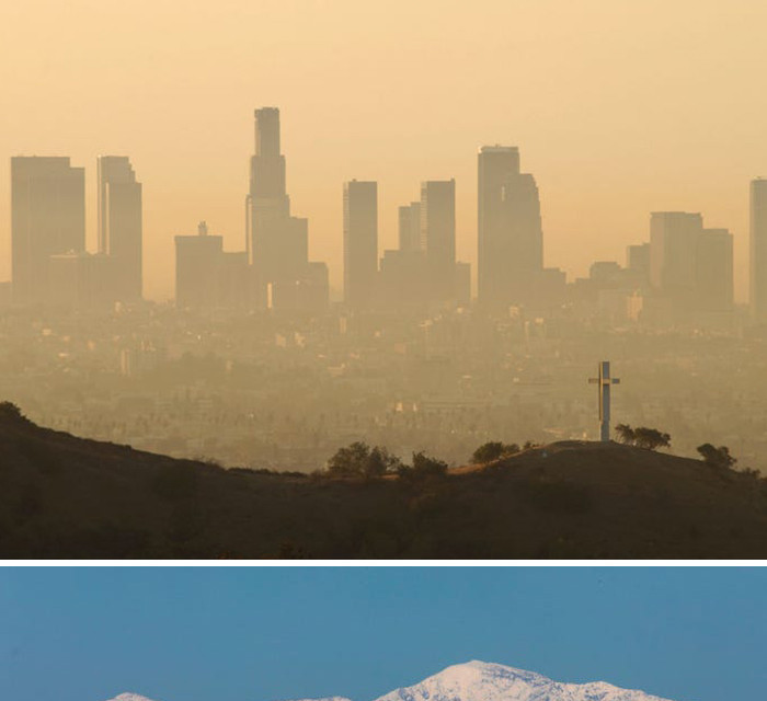 Thành phố Los Angeles, California, Mỹ, luôn được coi là nơi ô nhiễm với khó mù và mật độ giao thông dày đặc. Nhưng bức ảnh chụp ngày 14/4/2020 với dãy núi San Gabriel phía xa kia đã chứng tỏ cảnh quan sẽ trở nên đẹp đẽ tới mức nào khi lượng máy bay trên bầu trời và ôtô dưới mặt đất giảm hẳn đi do lệnh phong tỏa. (Nguồn: boredpanda.com)