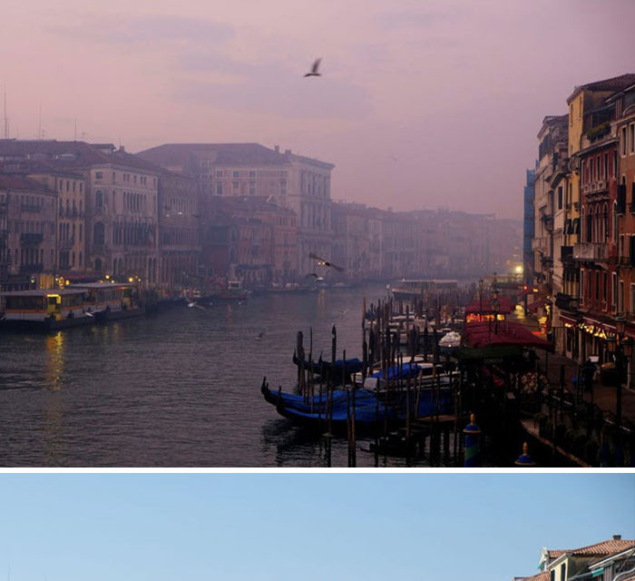 Kênh đào Grand ở Venice, Italy, được chụp vào ngày 6/1/2018 (trên) trở nên rõ ràng hơn trong bức ảnh chụp ngày 17/4/2020 (dưới). Theo thị trưởng thành phố, lưu lượng tàu bè qua lại ít hơn khiến cho trầm tích và cặn bùn đã lắng lại dưới đáy sông. (Nguồn: boredpanda.com)