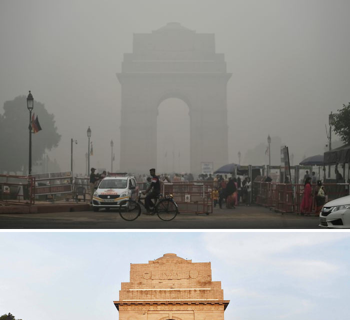 Đài tưởng niệm chiến tranh India Gate tại Ấn Độ trong bức ảnh chụp ngày 17/10/2019 và 8/2/2020, 21 ngày sau lệnh phong tỏa. (Nguồn: boredpanda.com)