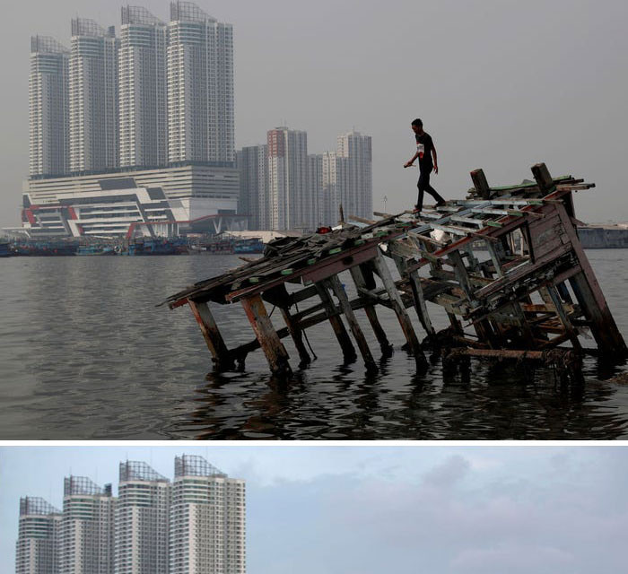 Jakarta được biết đến như là một trong những thành phố nhiều khói bụi nhất trên thế giới. Nhưng bức ảnh chụp một chiếc thuyền gỗ đổ nát vào 26/7/2018 (trên) và ngày 16/4/2020 (dưới) lại gần như khác nhau hoàn toàn. (Nguồn: boredpanda.com)
