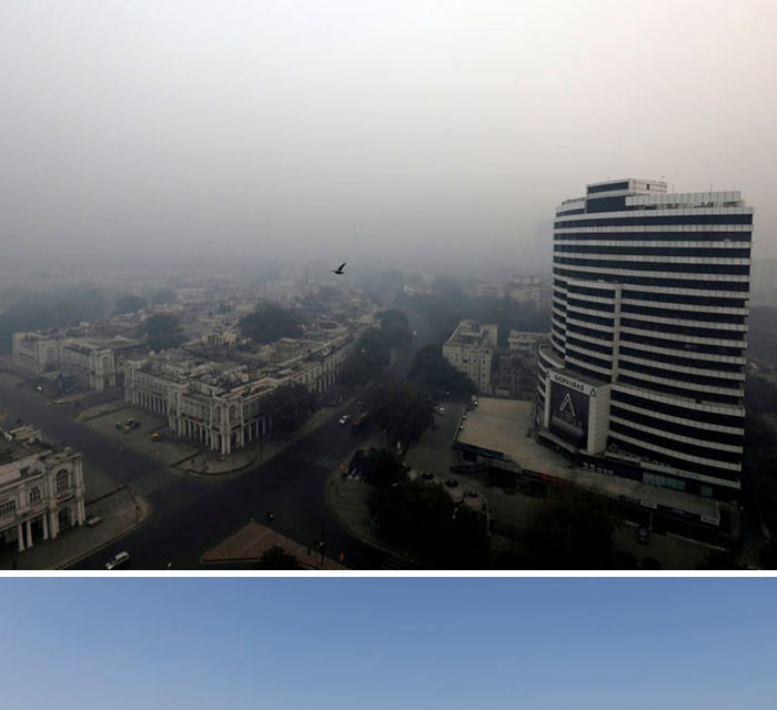 Bức ảnh chụp New Delhi, Ấn Độ, ngày 8/11/2018 và 8/4/2020. Lệnh giới nghiêm tại quốc gia 1,3 tỷ dân này có vẻ đã có tác động tích cực đến chất lượng không khí, khi hầu hết các nhà máy, cơ sở sản xuất, cửa hàng đóng cửa, các phương tiện giao thông cá nhân và công cộng ngừng hoạt động. (Nguồn: boredpanda.com)