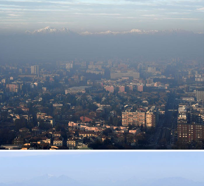 Milan được mệnh danh là thành phố ô nhiễm nhất châu Âu năm 2008. Sự khác biệt bất ngờ giữa bức ảnh chụp thành phố ngày 17/4/2020 (dưới) và bức ảnh chụp 4 tháng trước đó đã khiến thành phố đưa ra một kế hoạch đầy tham vọng về việc giảm bớt mật độ xe hơi sau khi đại dịch kết thúc. (Nguồn: boredpanda.com)