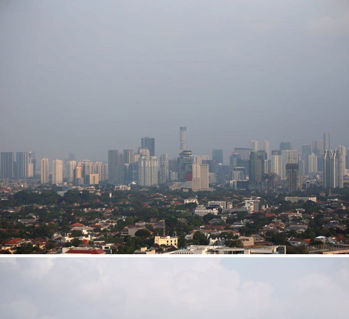 Được mệnh danh là thủ đô ô nhiễm thứ năm trên thế giới, nhưng chất lượng không khí tại Jakarta, Indonesia, đã được cải thiện kể từ khi các lệnh hạn chế xã hội được ban hành vào cuối tháng Ba. Bức ảnh chụp đường chân trời Jakarta vào ngày 4/7/2019 (trên) và ngày 16/4/2020 (dưới). (Nguồn: boredpanda.com)